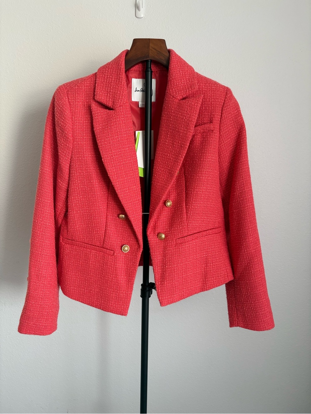 Sam Edelman Coral Pink Cropped Tweed Blazer with Gold Buttons XS